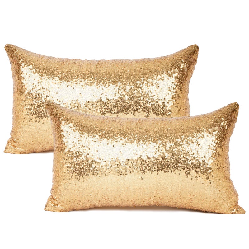 YOUR SMILE Pack of 2, New Luxury Series Gold Decorative Glitzy Sequin & Comfy Satin Solid Throw Pillow Cover Cushion Case for Wedding/Christmas,12" x 20" - Image 1
